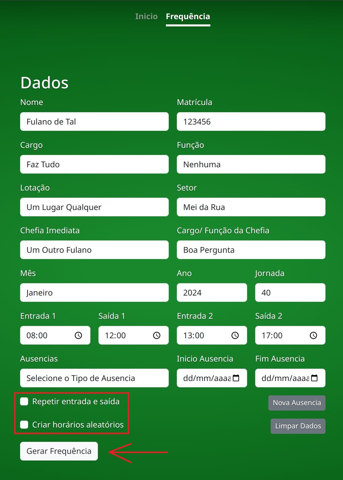 Opções de Horarios